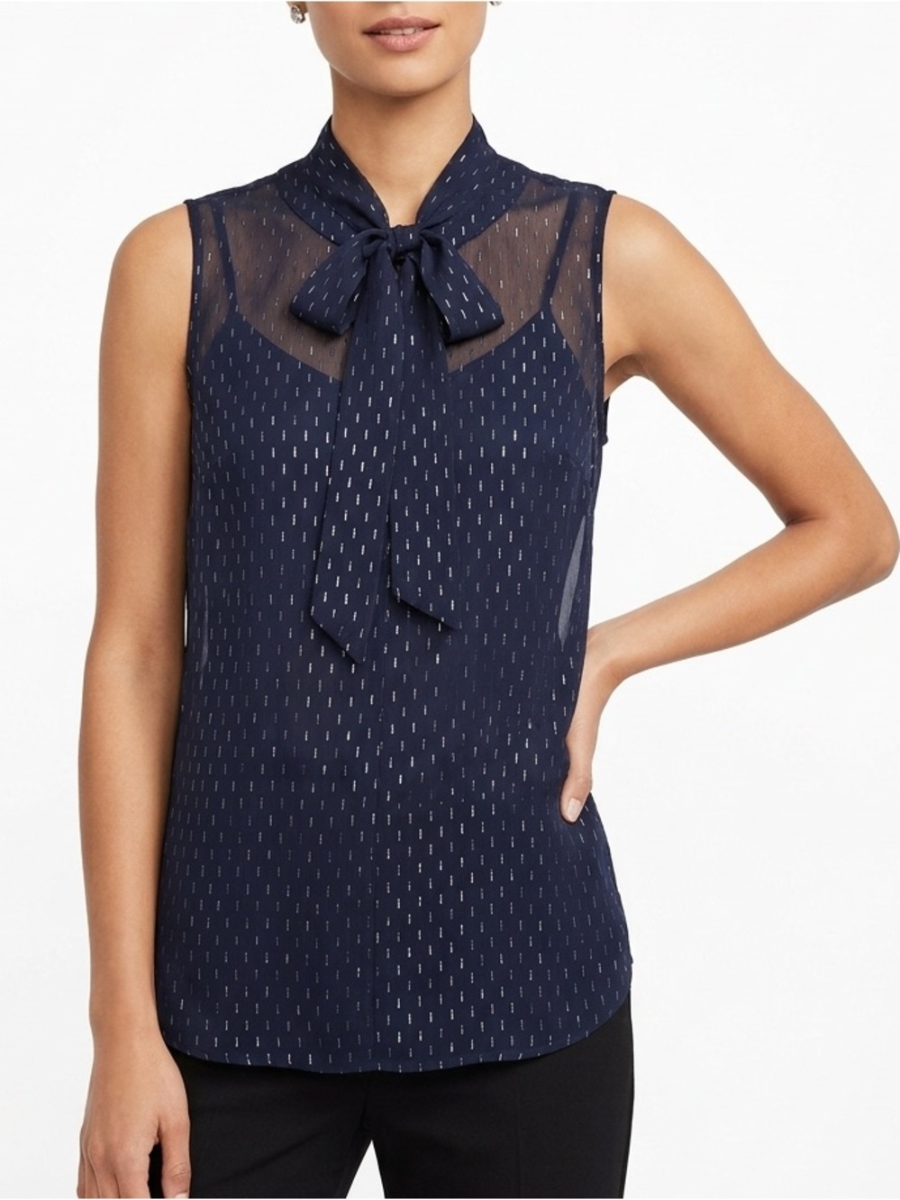 Merona Sleeveless Tie Neck Blouse Navy Blue Metallic Sheer Womens Size S